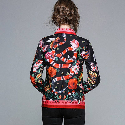 Women's Shirt Printed Slim Long Sleeved Versatile Lapel